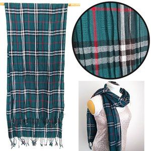 Plaid Tartan Pleated Neck SCARF Green Red White Black Classic Preppy Winter